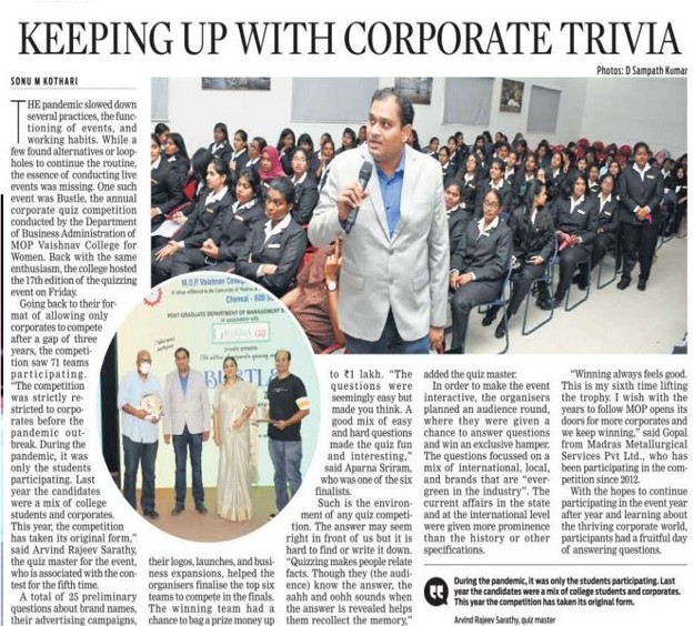 The Indian Express covering our corporate quiz – Bustle with MOP College