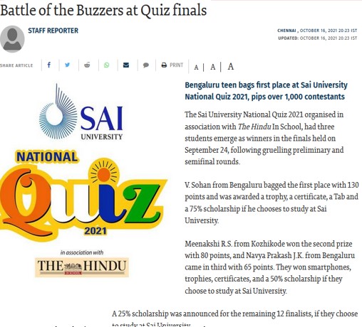 The Hindu English covering our National Level Quiz for Sai University