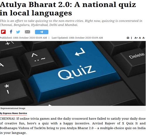 The New Indian Express covering our multi-language quiz – Atulya Bharat