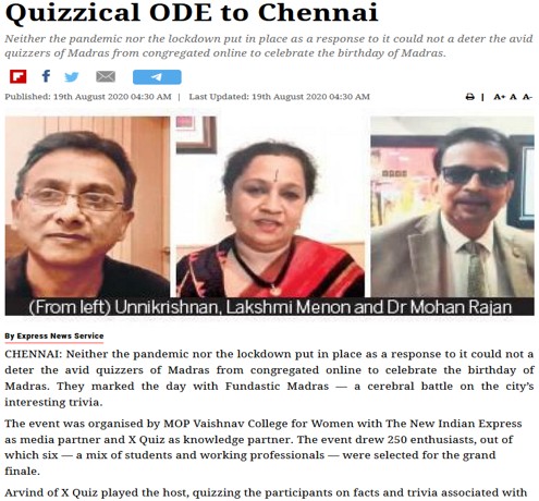 The New Indian Express covering our Madras Day Special Quiz