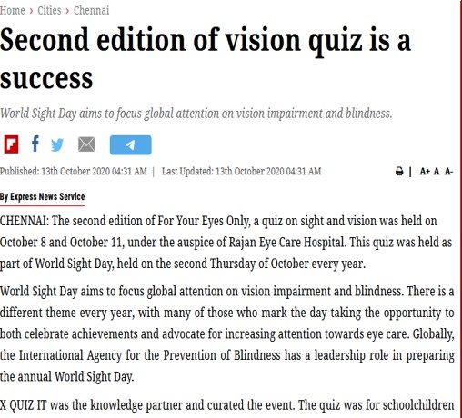 The New Indian Express covering our quiz on World Sight Day