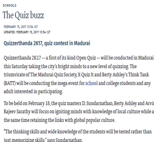 The Hindu covering our QuizzerThanda 2k17, Madurai’s only Open Quiz
